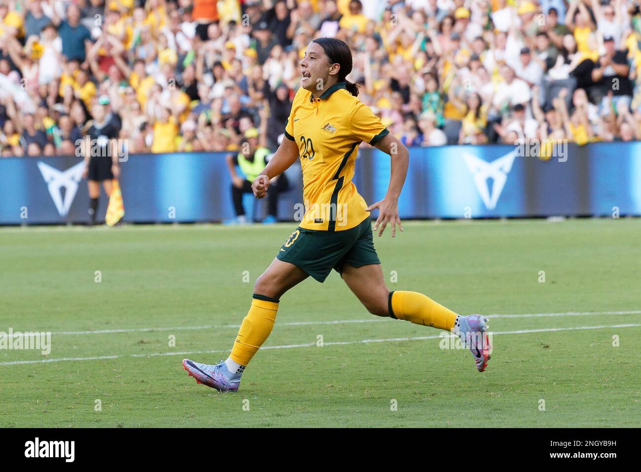 Sam Kerr of Australia celebrates a goal that was later ruled offside