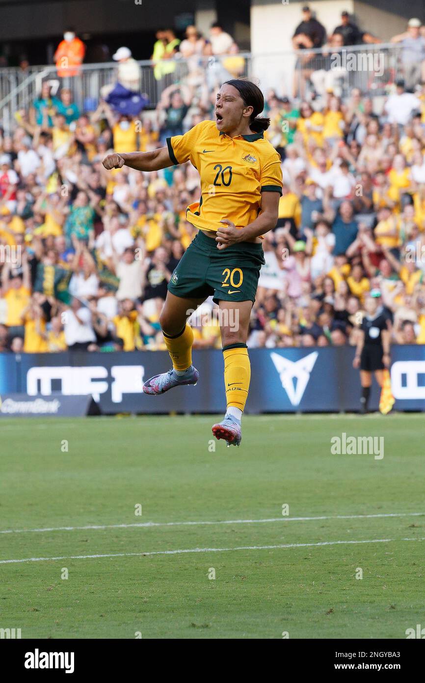 Sam Kerr of Australia celebrates a goal that was later ruled offside