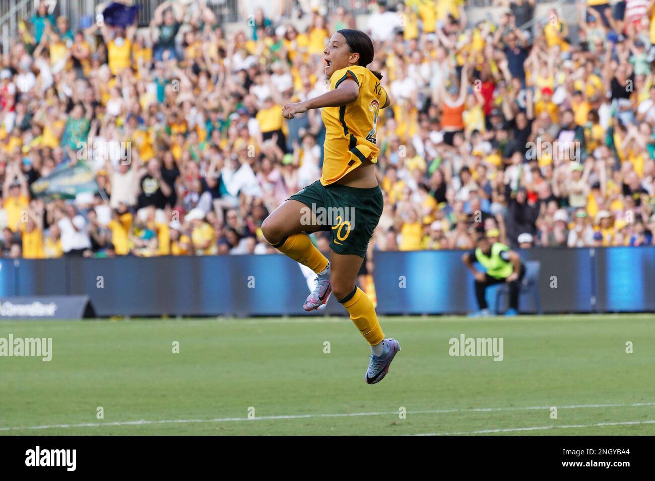 Sam Kerr of Australia celebrates a goal that was later ruled offside
