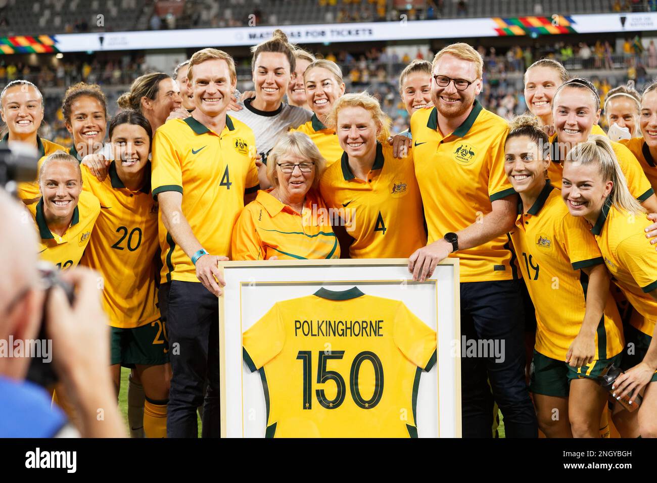 Clare Polkinghorne of Australia pose with team mates and family after playing her 150th international match after the 2023 Cup of Nations match between Australian Matildas and Spain at CommBank Stadium on February 19, 2023 in Sydney, Australia Stock Photo