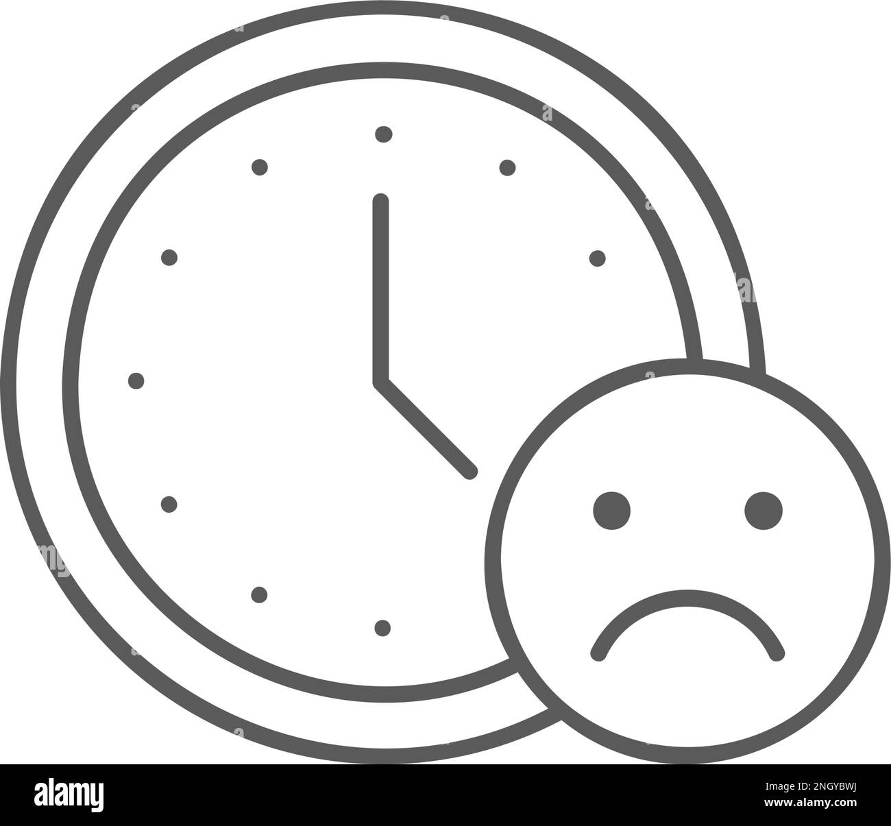 Clock with sad face, bad time lineal icon. Time management symbol design. Stock Vector