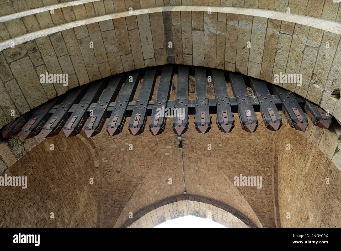 wooden portcullis with metal spikes at a medieval city gate in cologne Stock Photo