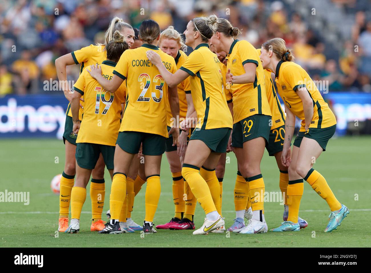 Sydney, Australia. 19th Feb, 2023. Matildas players huddle together during the 2023 Cup of Nations match between Australian Matildas and Spain at CommBank Stadium on February 19, 2023 in Sydney, Australia Credit: IOIO IMAGES/Alamy Live News Stock Photo