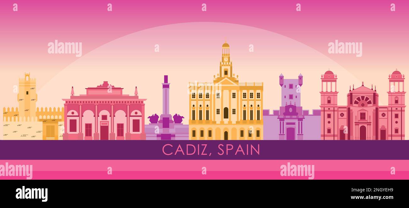 Sunset Skyline panorama of  Cadiz, Andalusia, Spain - vector illustration Stock Vector