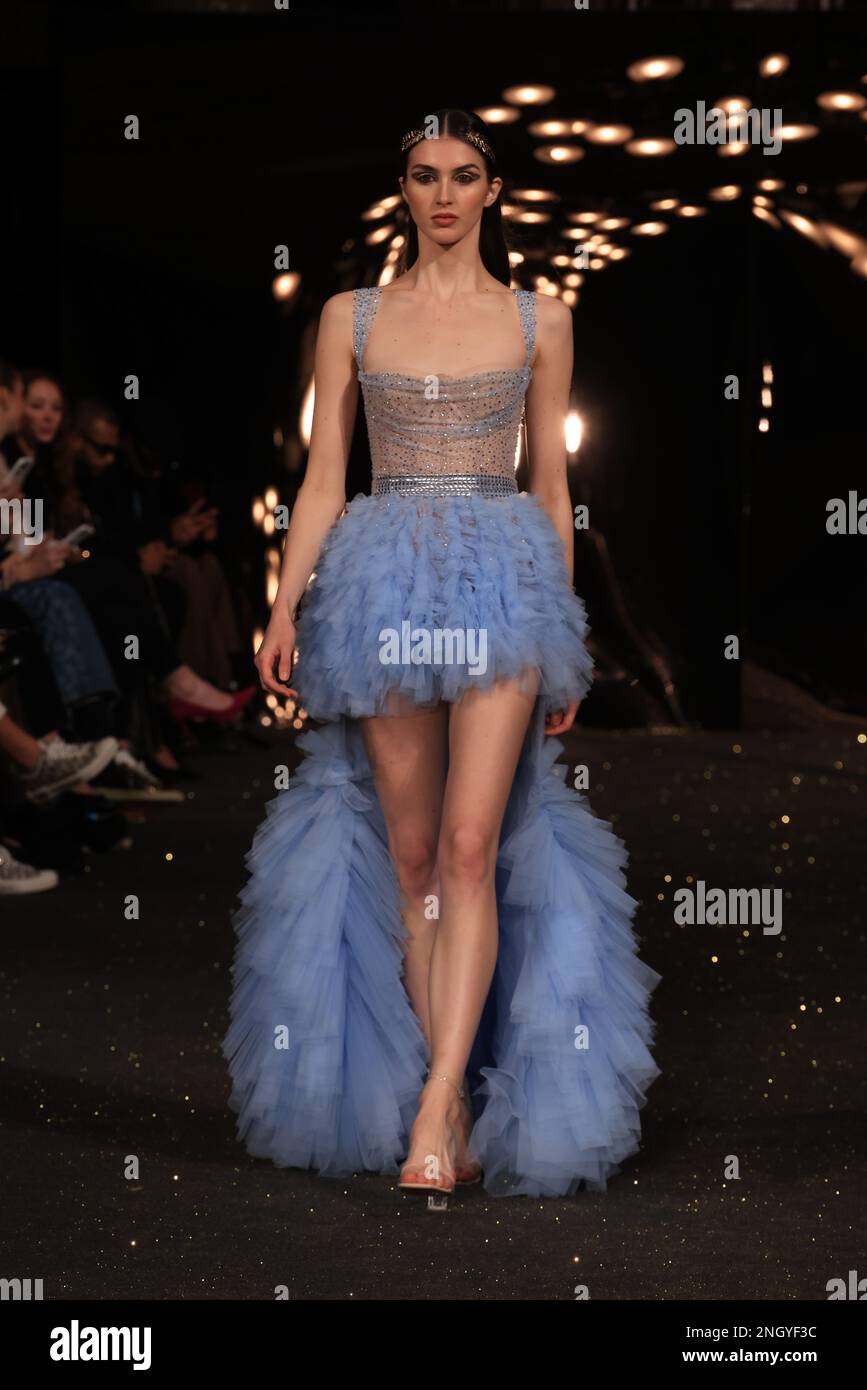LONDON, ENGLAND: Models walks the runway at the AADNEVIK show during ...