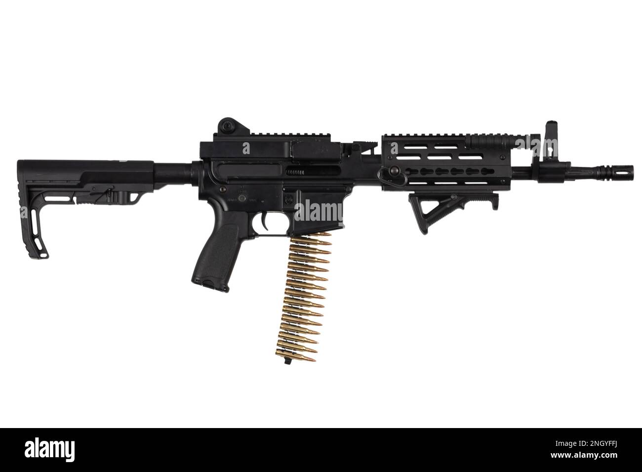 Carbine with belt-fed upper receiver that convert AR-15 or M16 from a standard, magazine rifle to light machine gun. Isolated on a white background Stock Photo