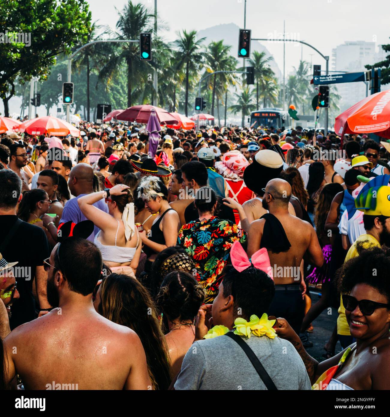 Revelers enjoy a carnival street party bloco in Copacabana, Rio de Janeiro, Brazil Stock Photo
