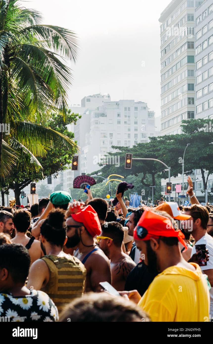 Revelers enjoy a carnival street party bloco in Copacabana, Rio de Janeiro, Brazil Stock Photo