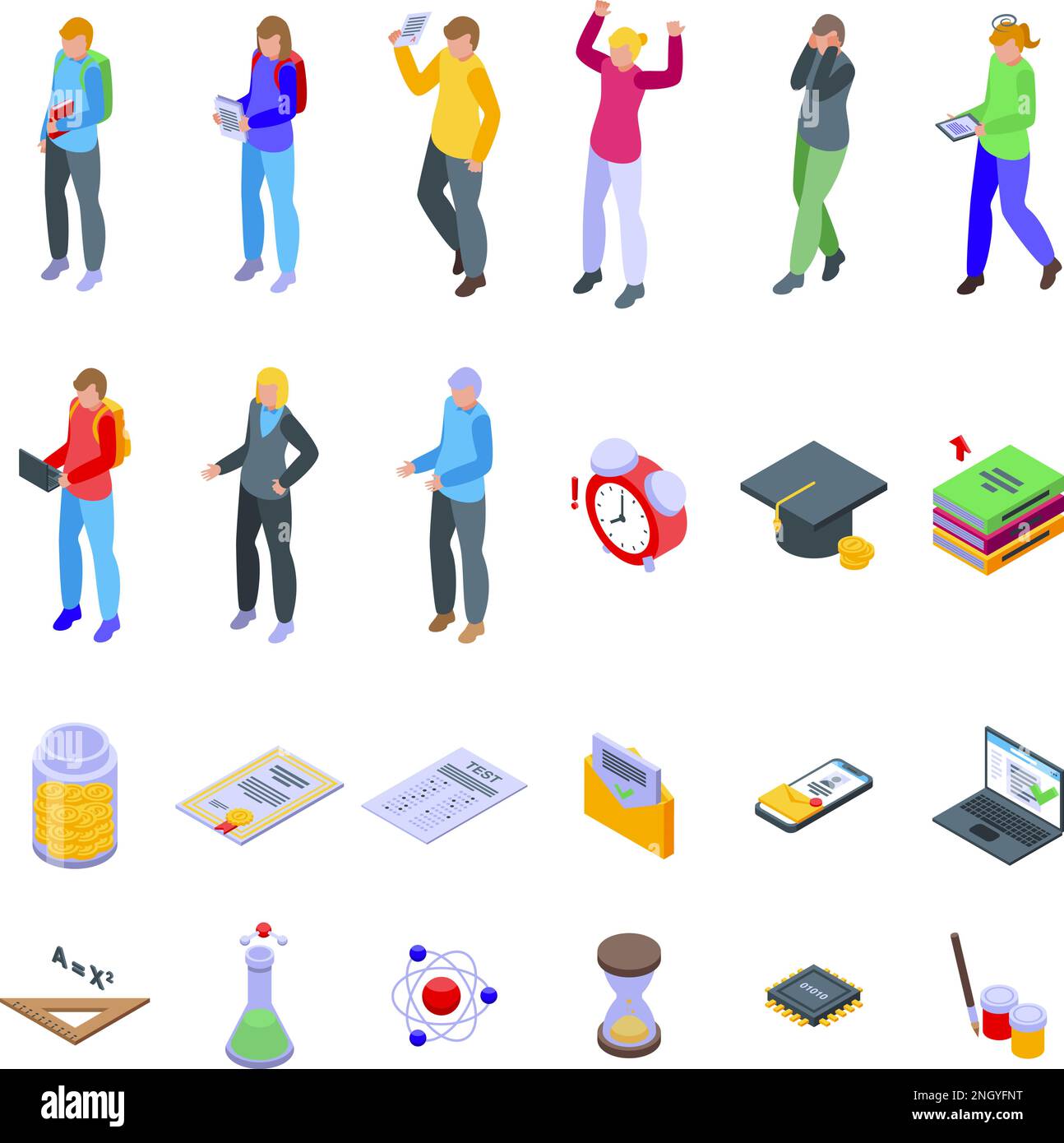 College admission icons set isometric vector. University education. Computer test Stock Vector