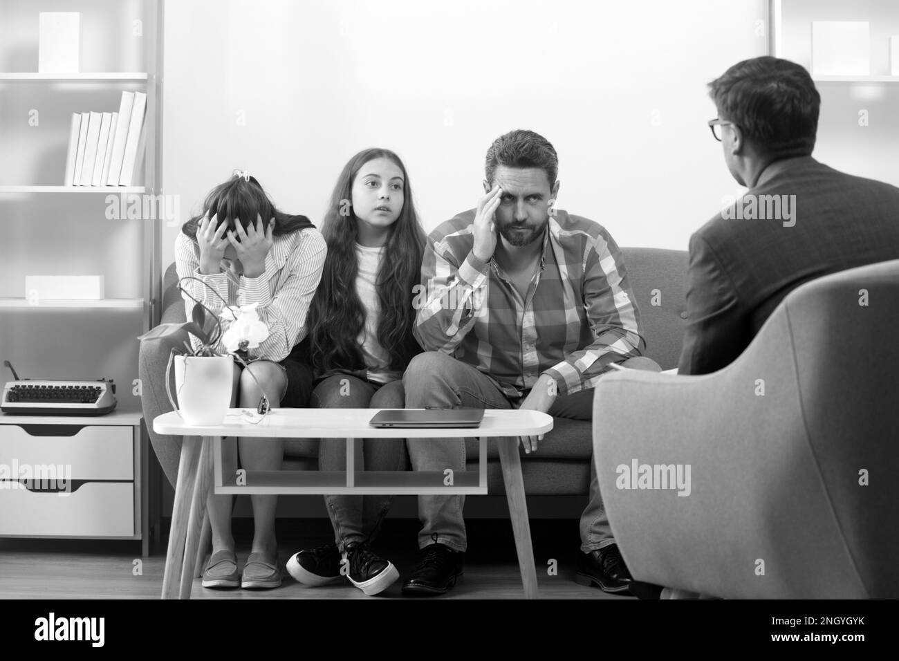 Psychologist give family therapy for dad mom and daughter girl, psychology. Family therapy