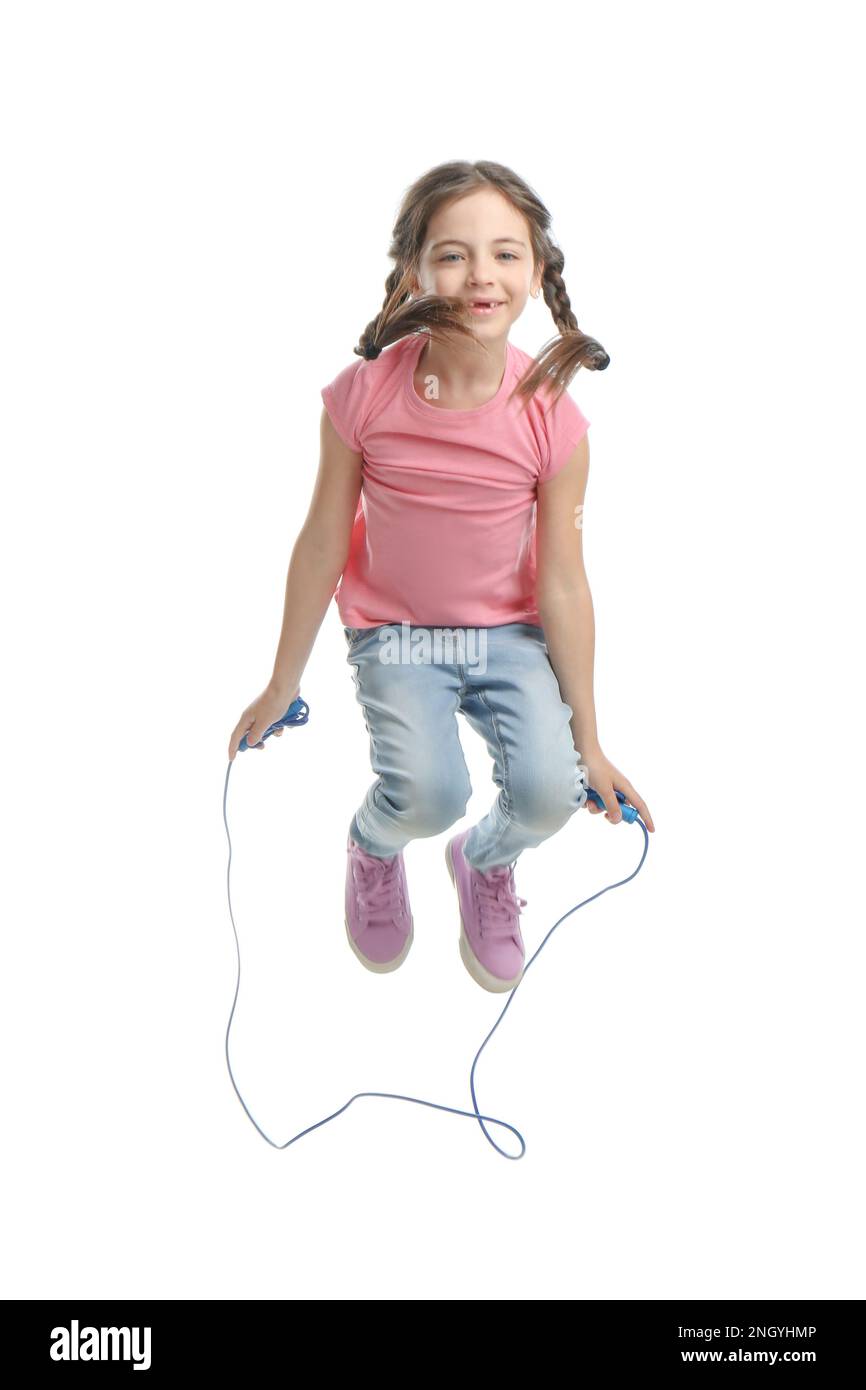 Cute little girl with jump rope on white background Stock Photo - Alamy