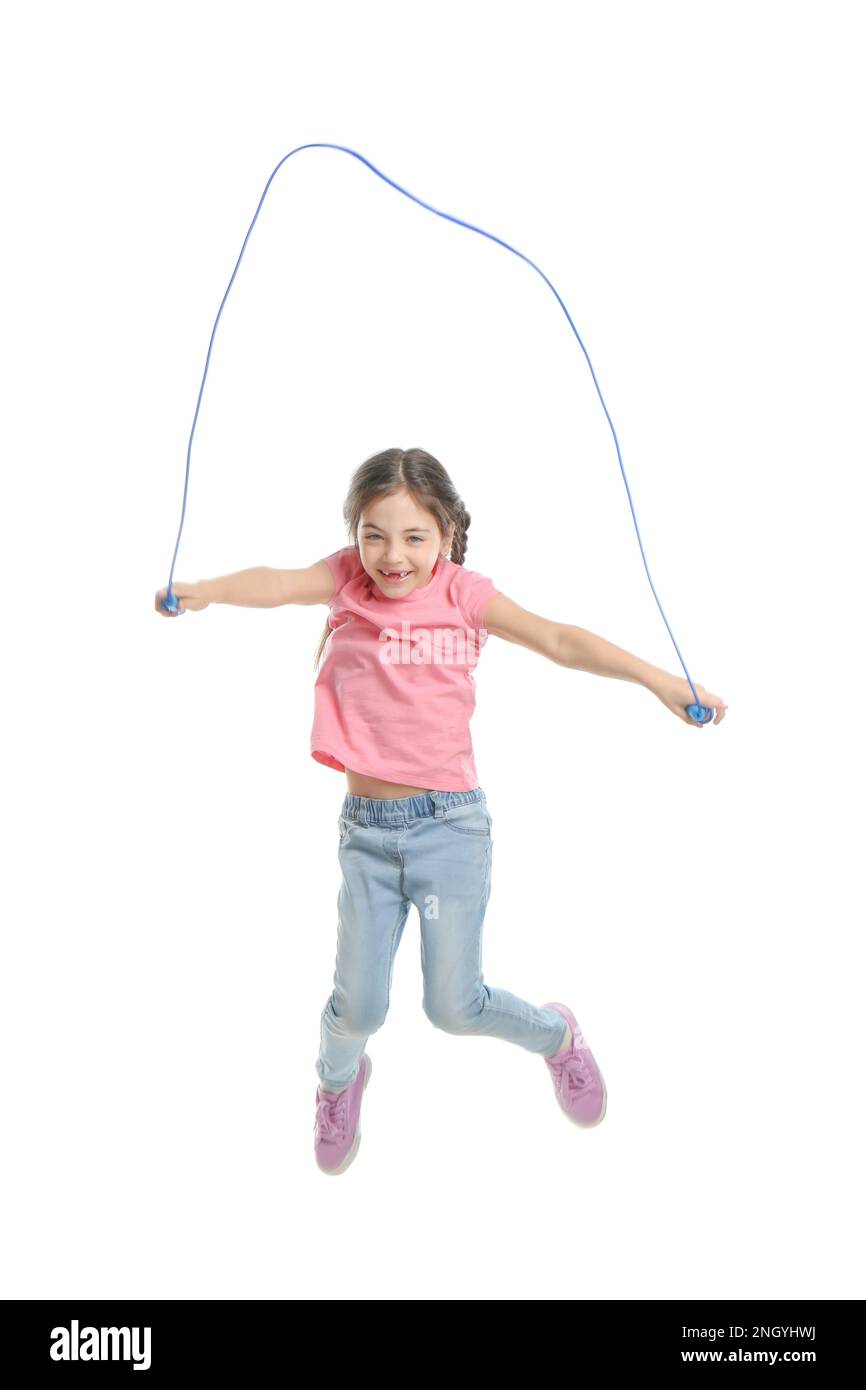 Cute little girl with jump rope on white background Stock Photo - Alamy