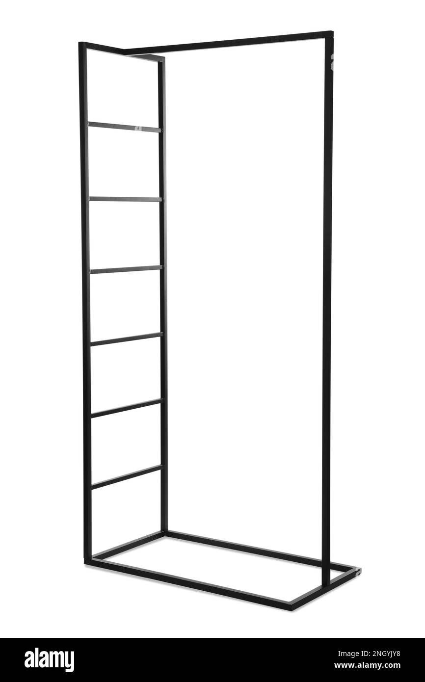 Stylish empty metal rack on white background Stock Photo Alamy