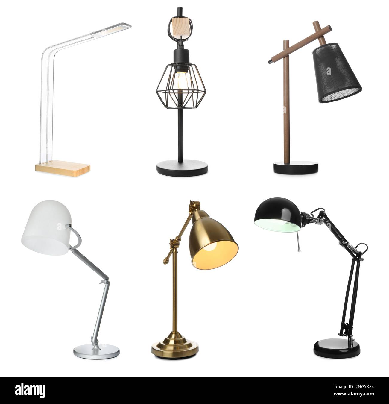 Set with different stylish table lamps on white background Stock Photo