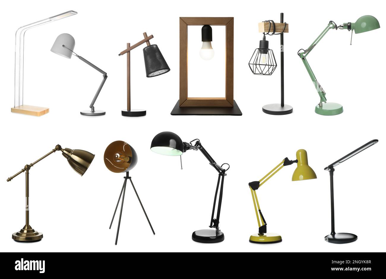 Set with different stylish table lamps on white background Stock Photo