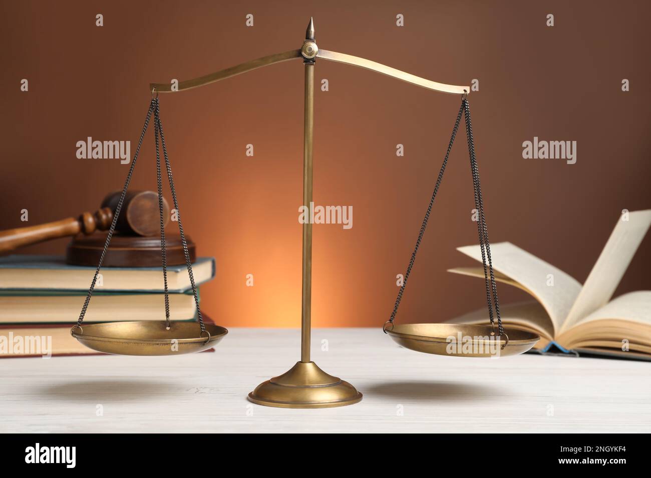 Scales of justice on white wooden table. Law concept Stock Photo Alamy