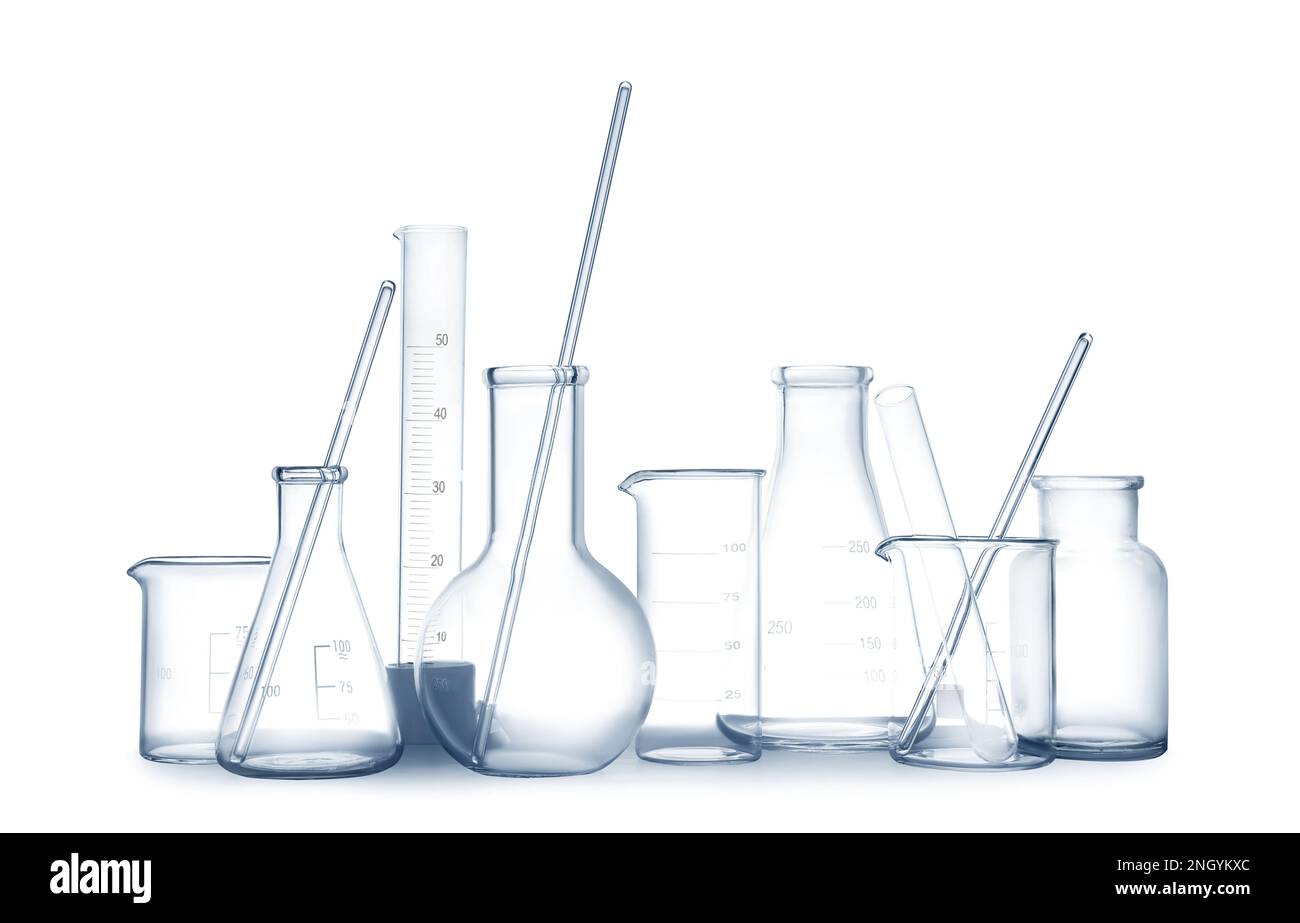 Empty clean laboratory glassware on white background Stock Photo Alamy