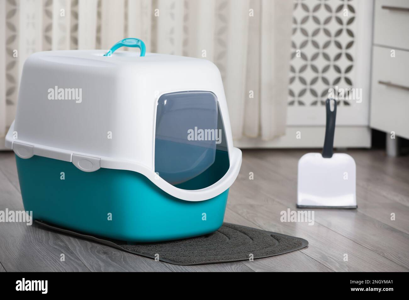 Cat litter box and scoop on floor in room Stock Photo Alamy
