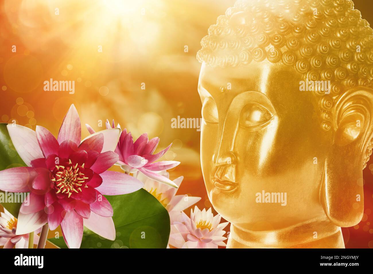 Beautiful golden Buddha sculpture and lotus flowers on color background Stock Photo