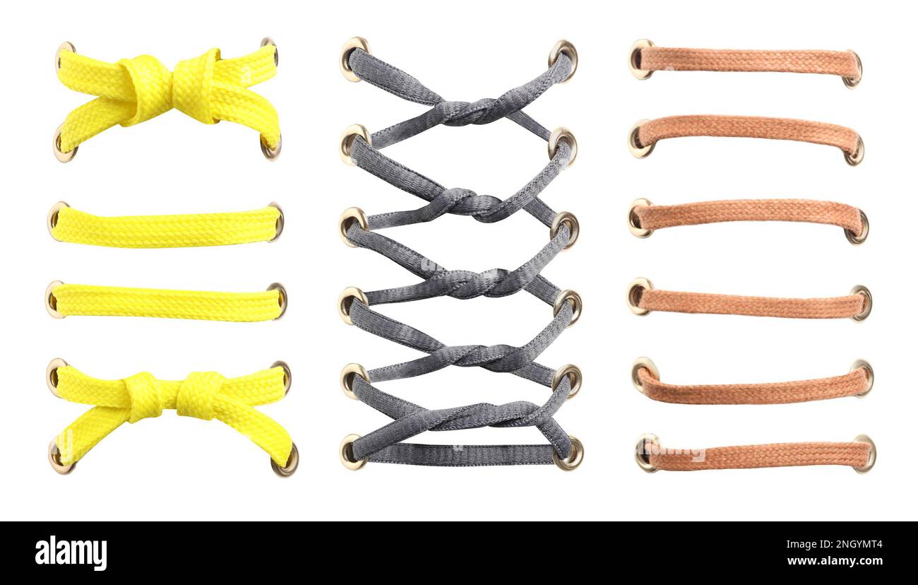 Different color shoe laces on white background, collage. Banner design