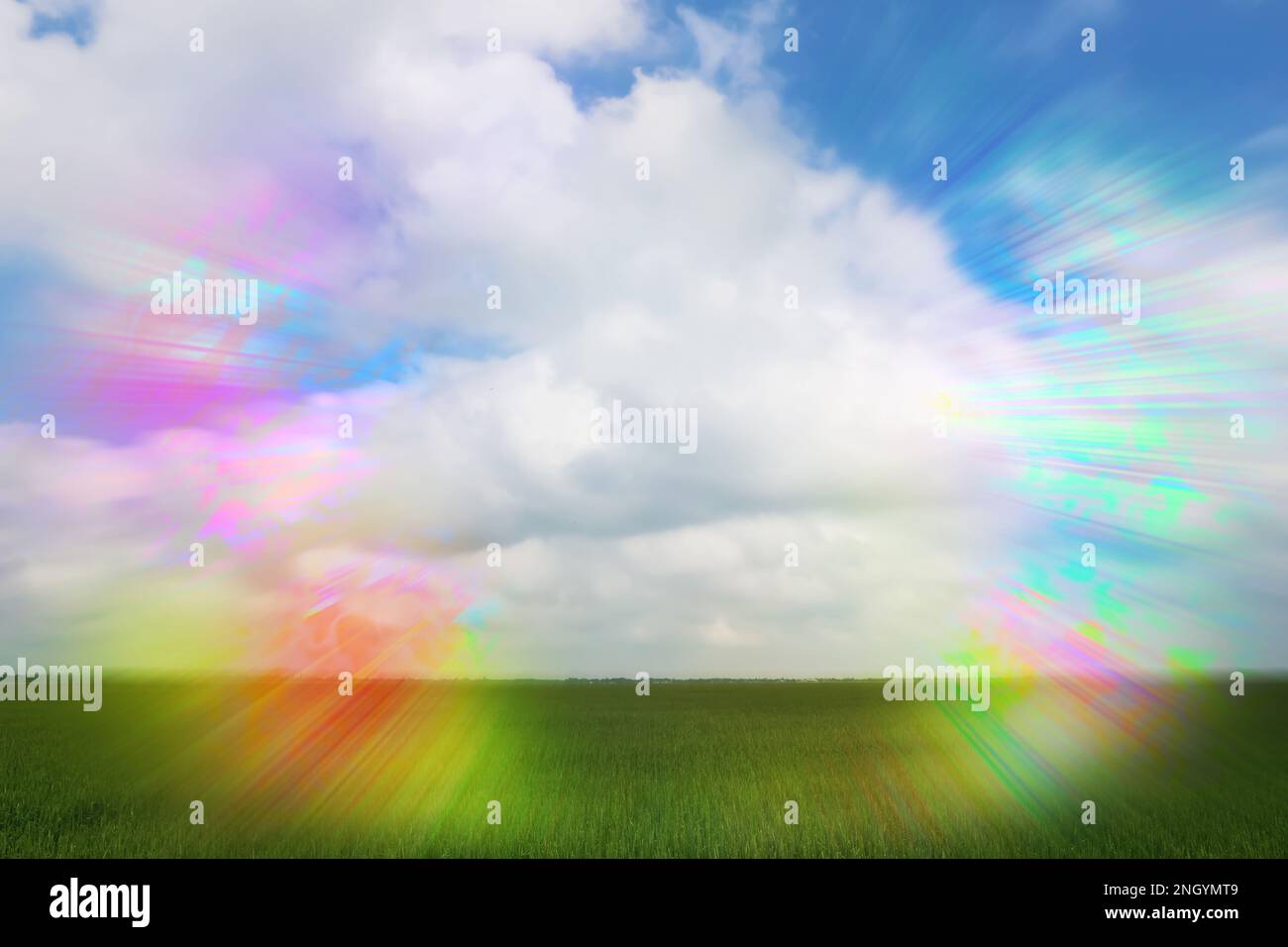 View of green field and flashing lights effect. Migraine aura, symptom of disease Stock Photo