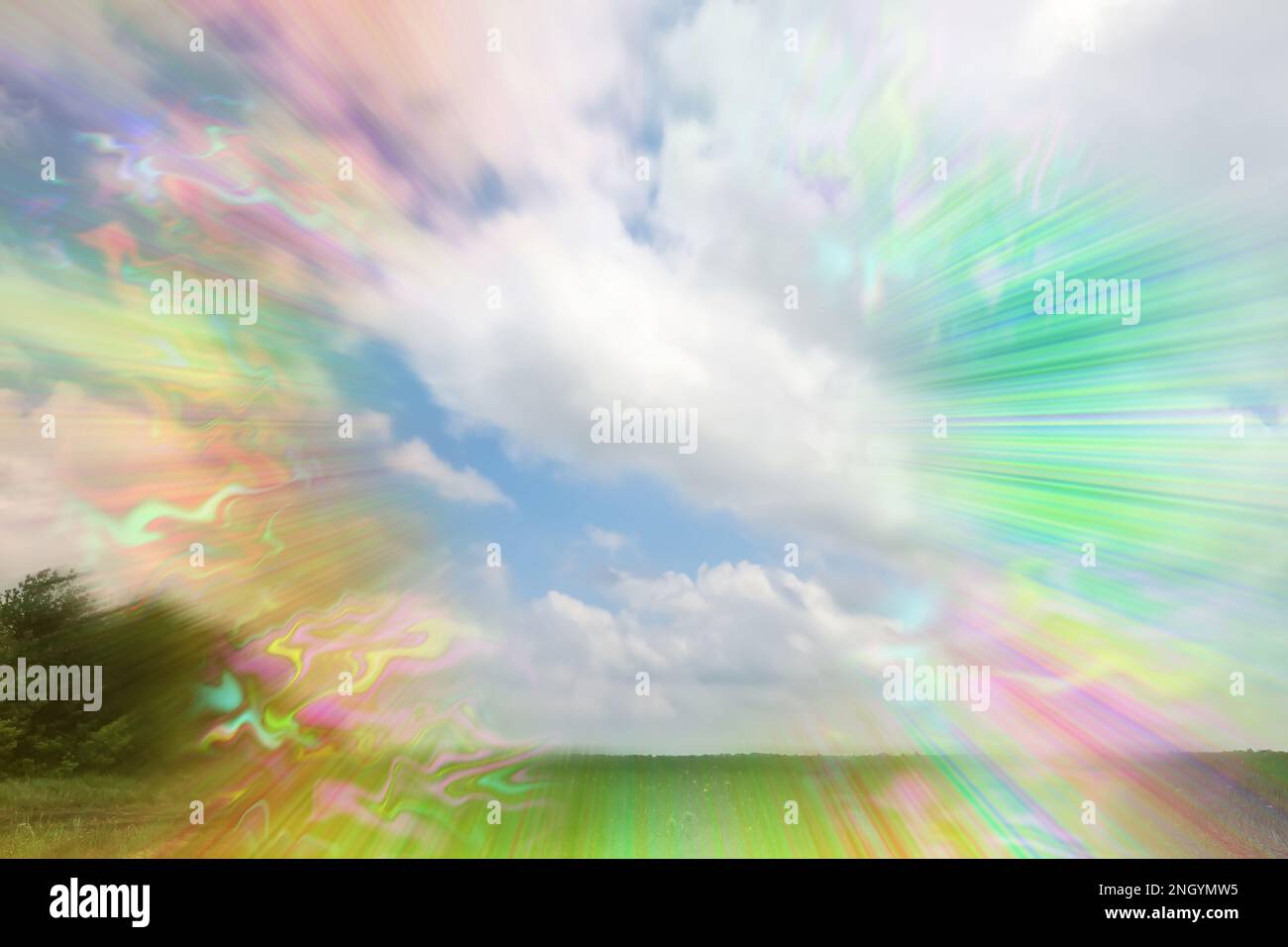 View of green field and flashing lights effect. Migraine aura, symptom