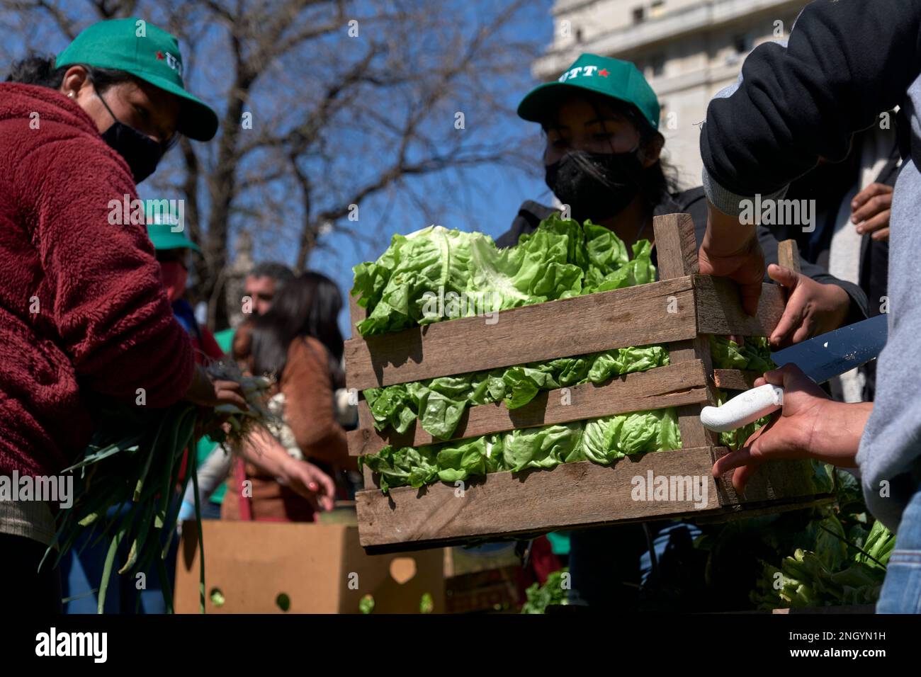 Buenos Aires, Argentina, 21 sept, 2021: UTT, Union de Trabajadores de la Tierra, Land Workers Union, distribute free organic food, fruits and vegetabl Stock Photo