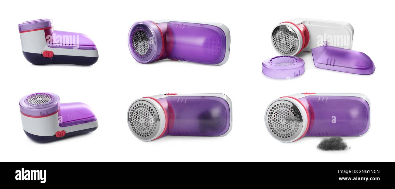 Set with fabric shavers on white background. Banner design Stock Photo
