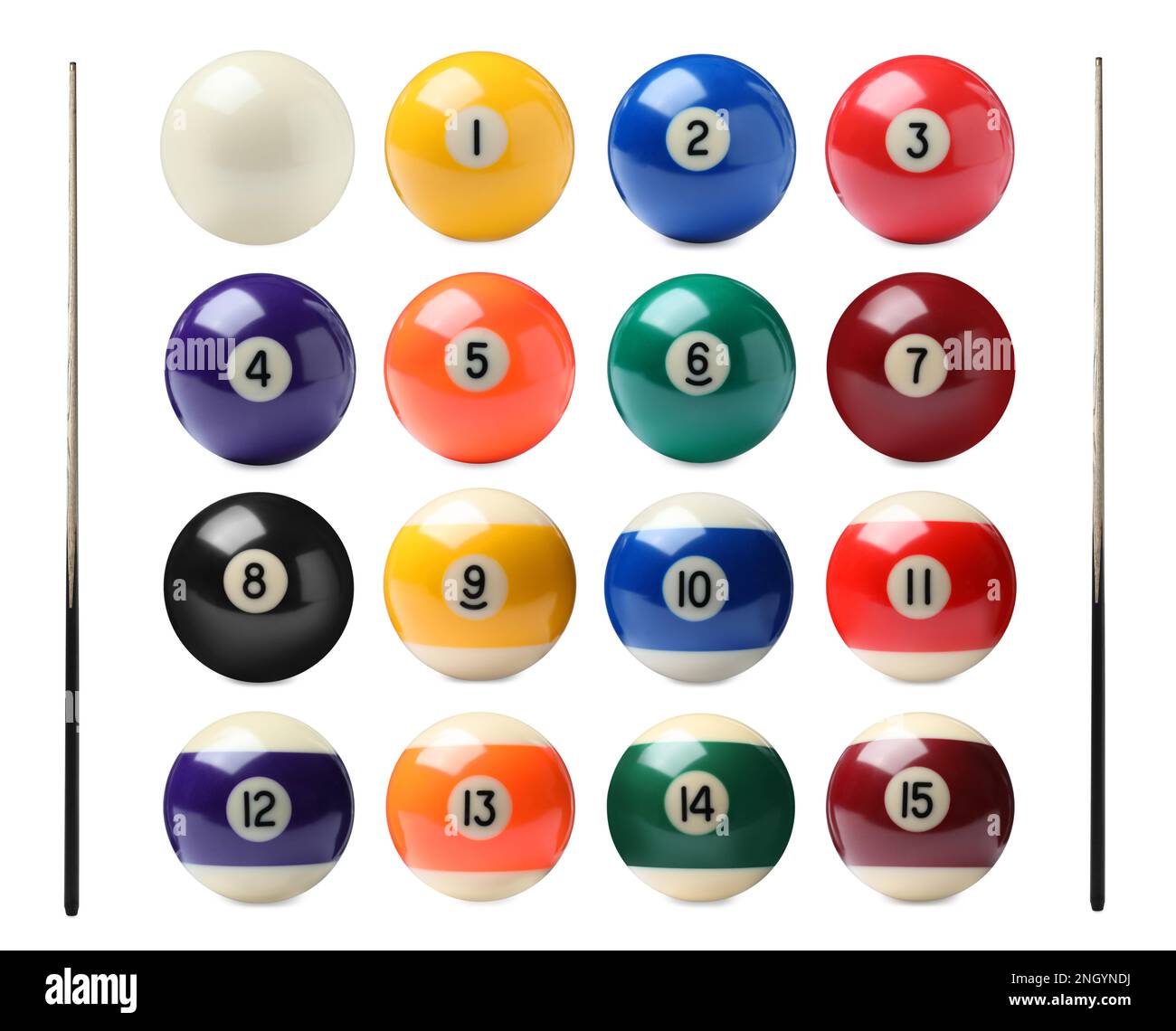 Set with billiard balls and wooden cues on white background Stock Photo
