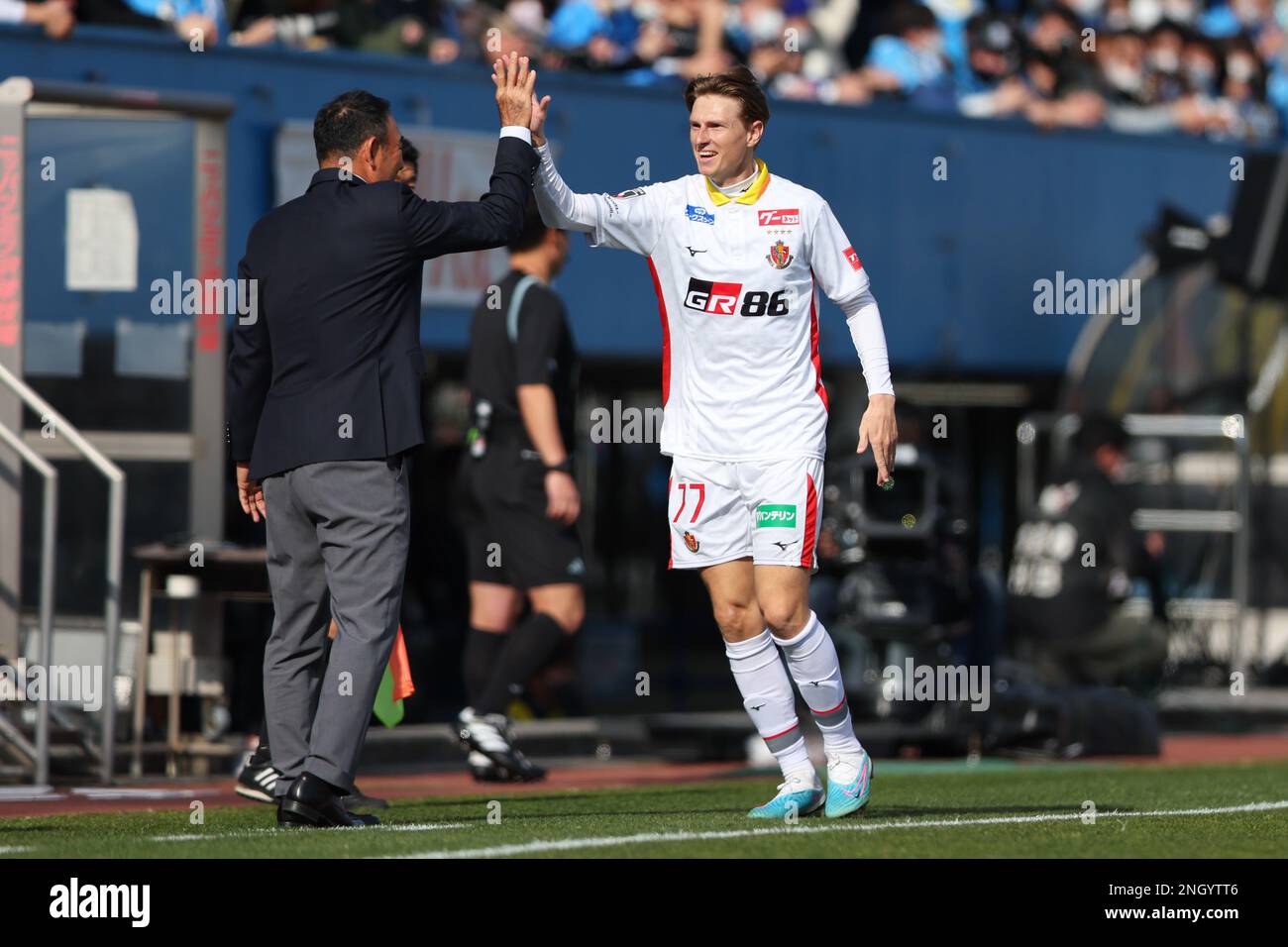 Kanagawa, Japan. 18th Feb, 2023. (L-R) Kenta Hasegawa head coach, Kasper  Junker (Grampus) Football/Soccer : 2023 J1 League match between Yokohama FC  - Nagoya Grampus at Nippatsu Mitsuzawa Stadium in Kanagawa, Japan .