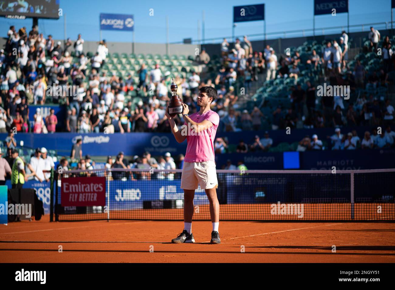 Carlos Alcaraz of Spain lifts the trophy after winning the Mens Singles Final against Cameron Norrie of Great Britain during day seven of the ATP 250 Argentina Open 2023 at Buenos Aires