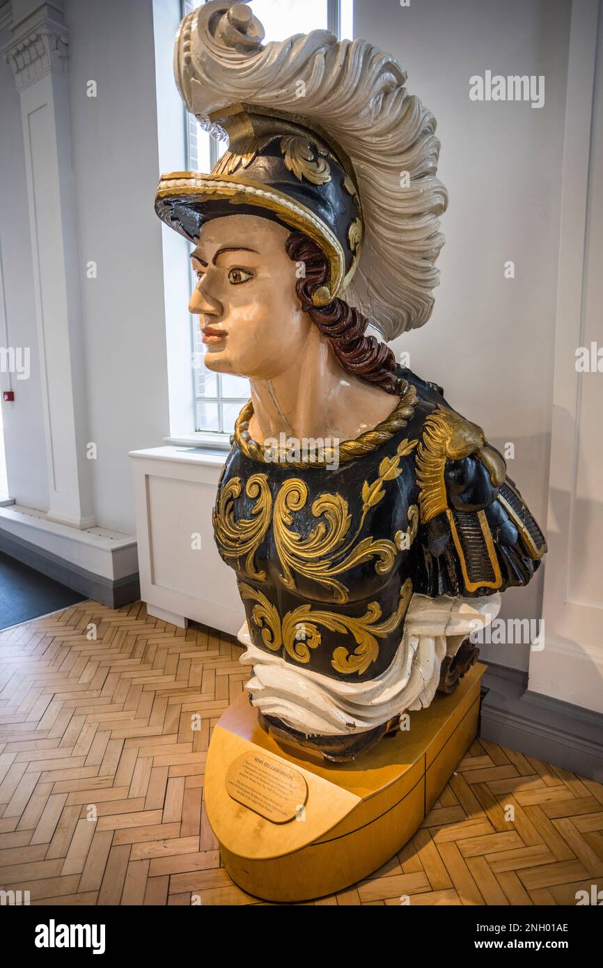 figurehead of HMS Bellerophon, third rate 80-gun battleship at the National Museum of the royal Navy in Portsmoth, Hampshire, South East England Stock Photo
