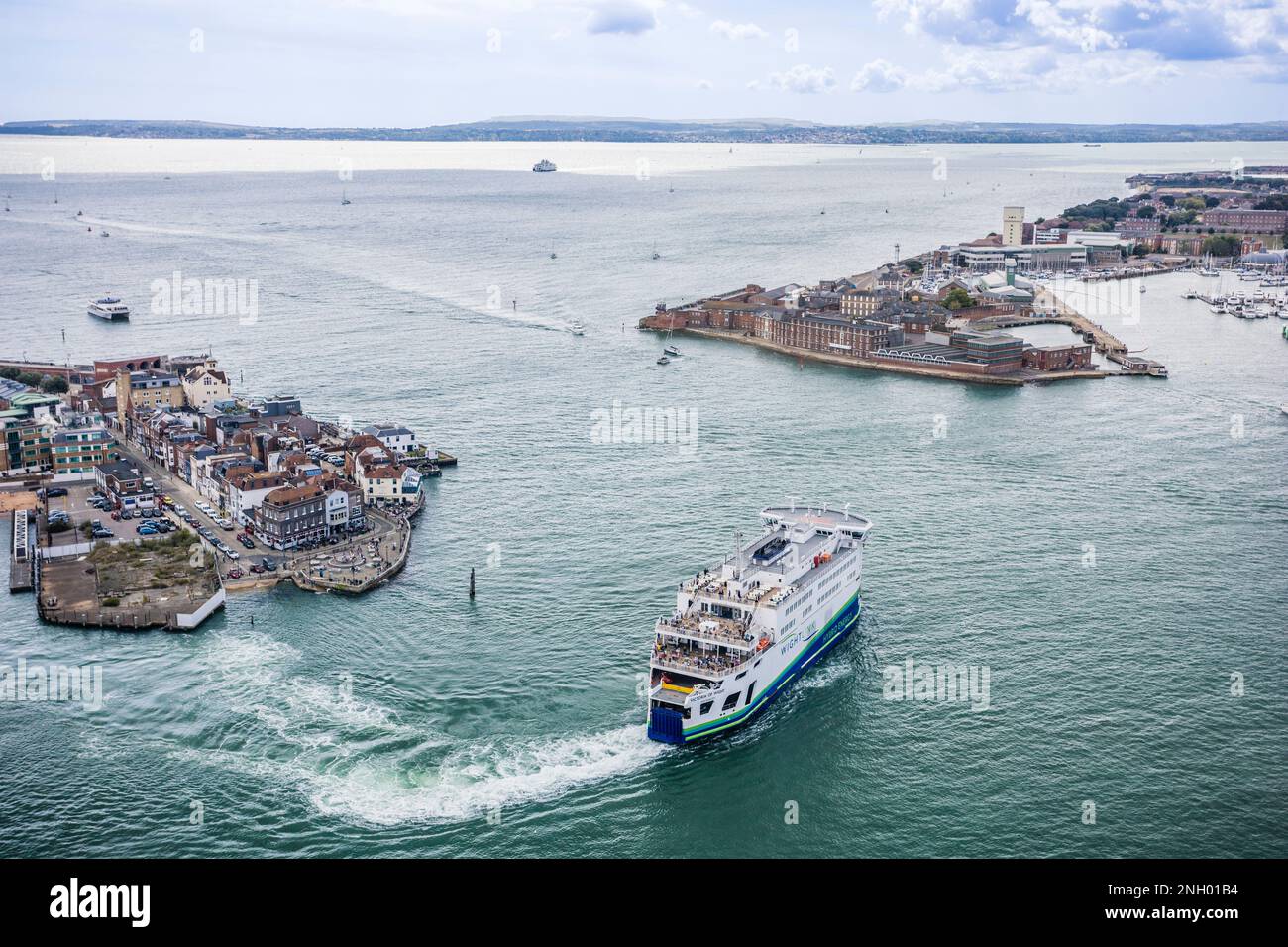 Isle of Wight ferry leaving Portsmouth Harbour passing Old Portsmouth at Portsmouth Point and Blockhouse Point at Gosport, Hampshire, South East Engla Stock Photo