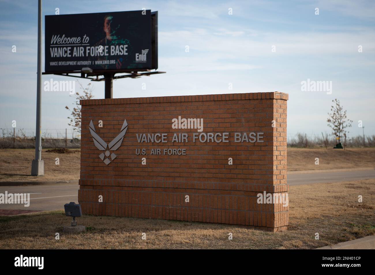 The Vance Air Force base sign directs personnel to the main entrance in