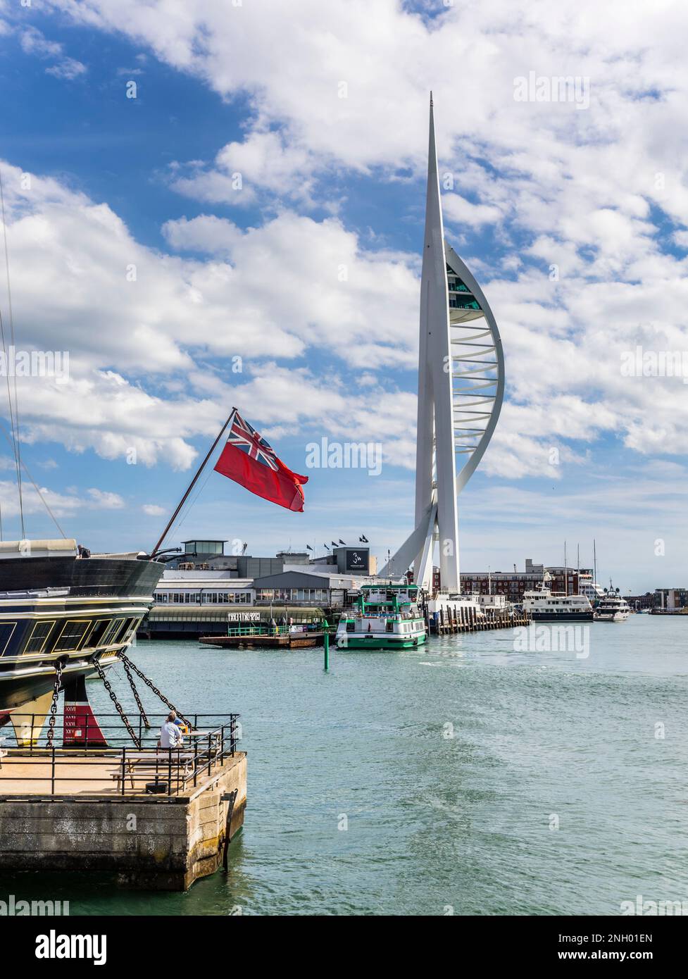 view of the 170-metre landmark Spinnaker Tower at Gunwharf Quays, Portsmouth Harbour, Hampshire, South East England Stock Photo