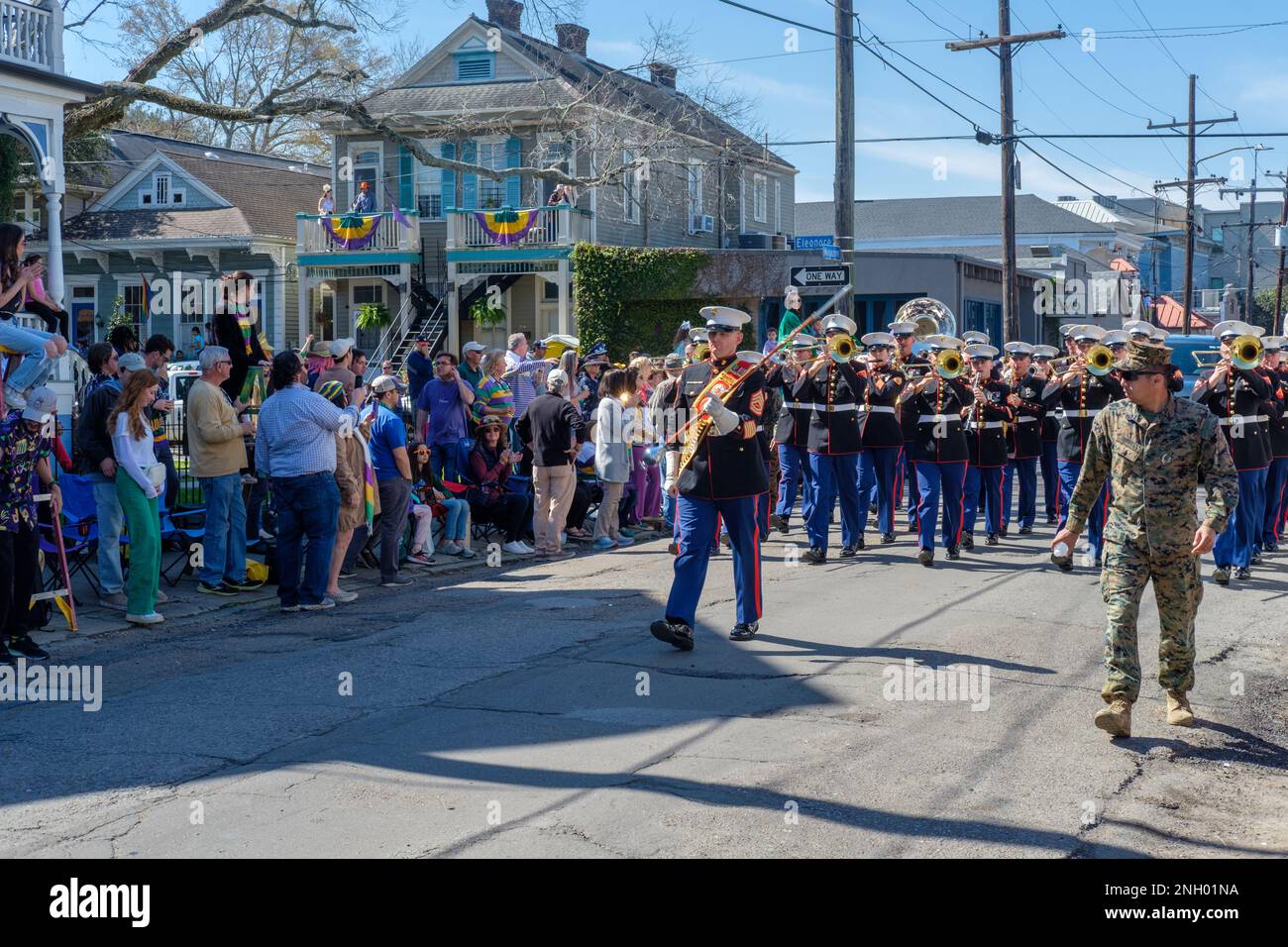NEW ORLEANS, LA, USA - FEBRUARY 19, 2023: U.S. Marine Corps Marching Band leading the Thoth Parade down Magazine Street on second Sunday of Carnival Stock Photo