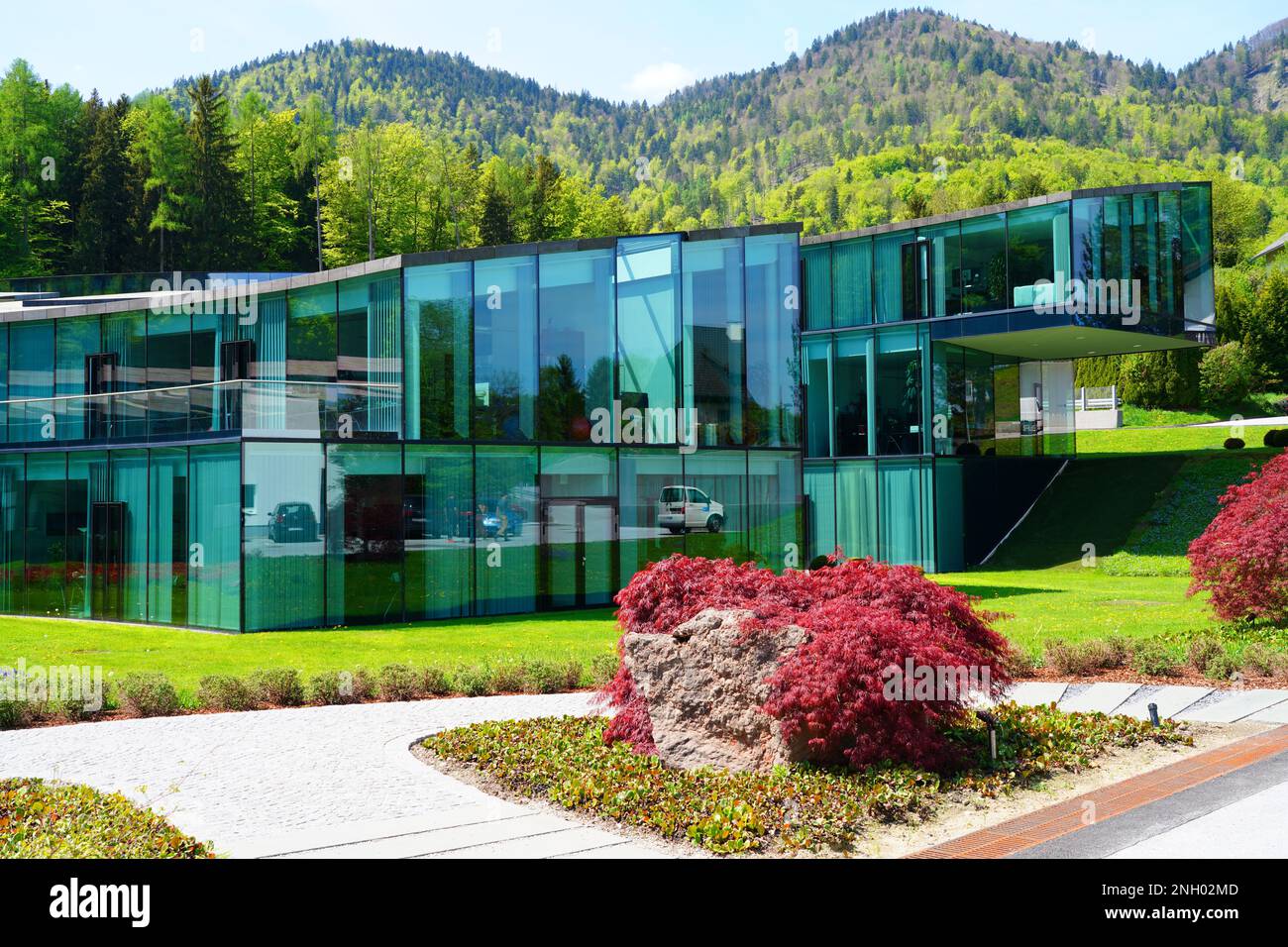 FUSCHL AM SEE, AUSTRIA –11 MAY 2022- View of the Red Bull Global Headquarters building and campus located in Fuschl, Austria, near Salzburg. Stock Photo