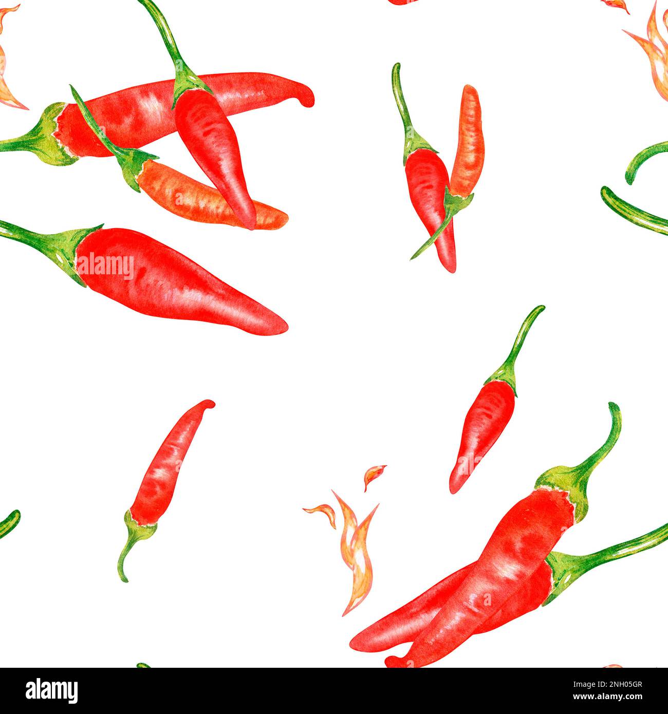 Tabasco hot pepper and flame watercolor seamless pattern isolated on ...