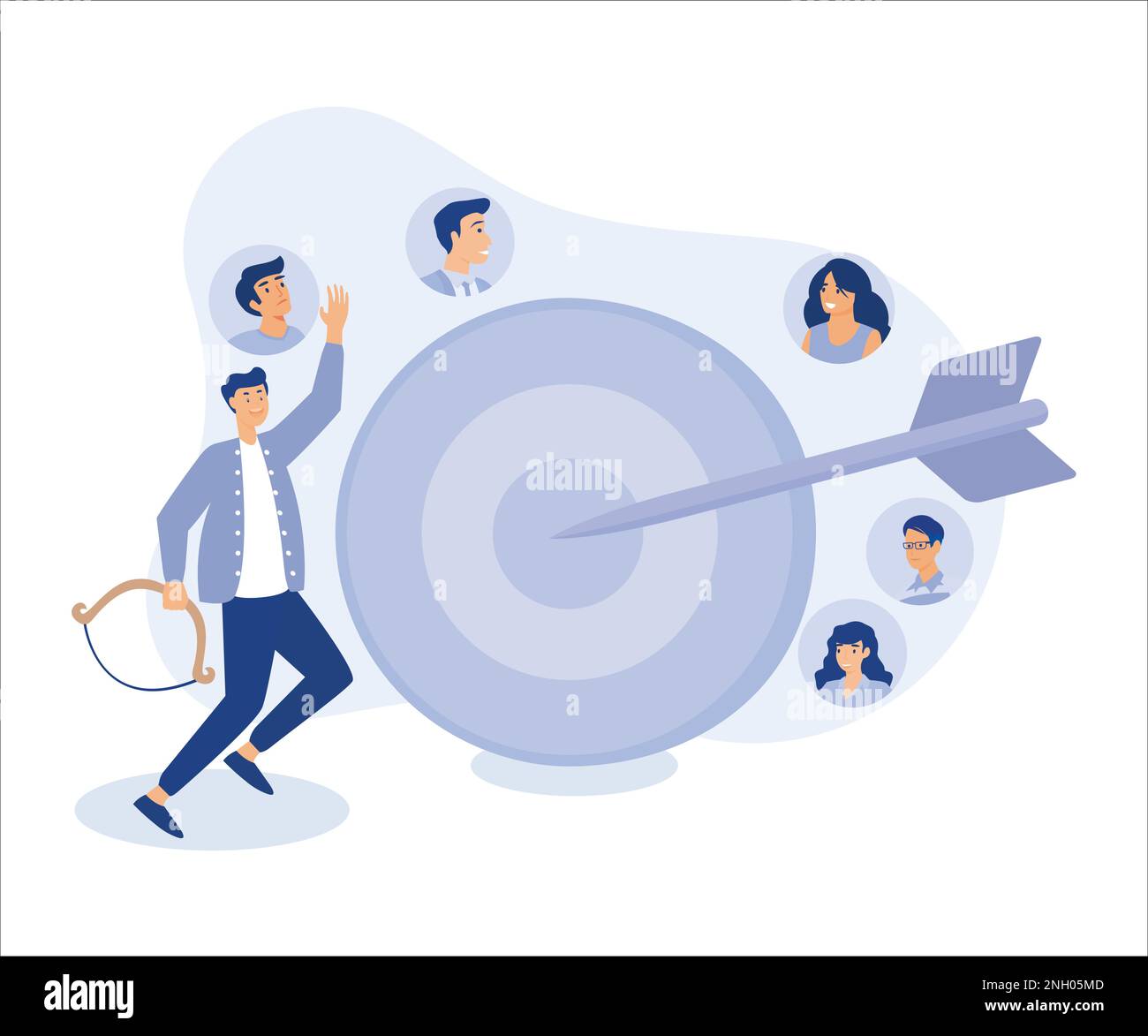 Target audience for advertising, people focus group research concept, businessman shooting bow on people target bulls eye. Flat vector modern illustra Stock Vector