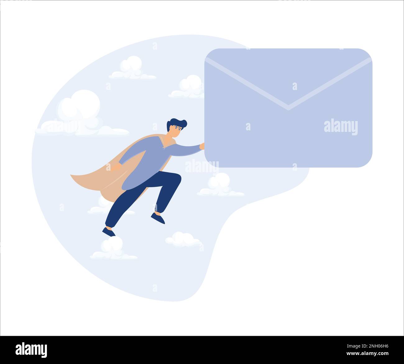 Email communication, sending message or information concept, businessman superhero carrying big email envelope flying to recipient address. Flat vecto Stock Vector