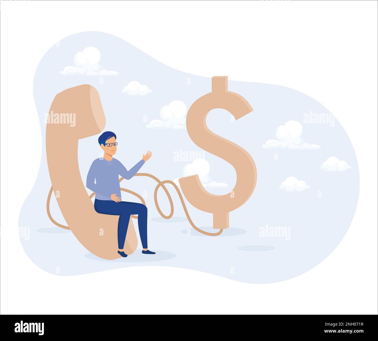 Telemarketing or telesales, confidence salesman standing with telephone connected to money dollar sign. Flat vector modern illustration Stock Vector