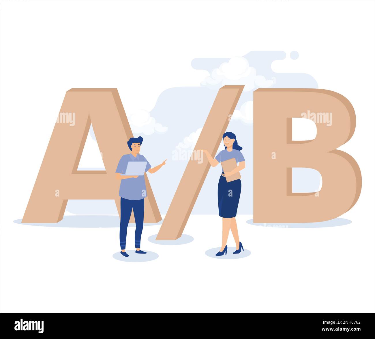 AB testing, businessman programmer and users sitting on alphabets A and B for testing. Flat vector modern illustration Stock Vector