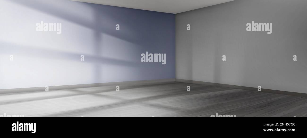 Empty room with blue wall and gobo light effect through window. Minimal corner background with realistic shadow. 3d render perspective view mockup with indoor sunlight. Simple showroom template. Stock Vector