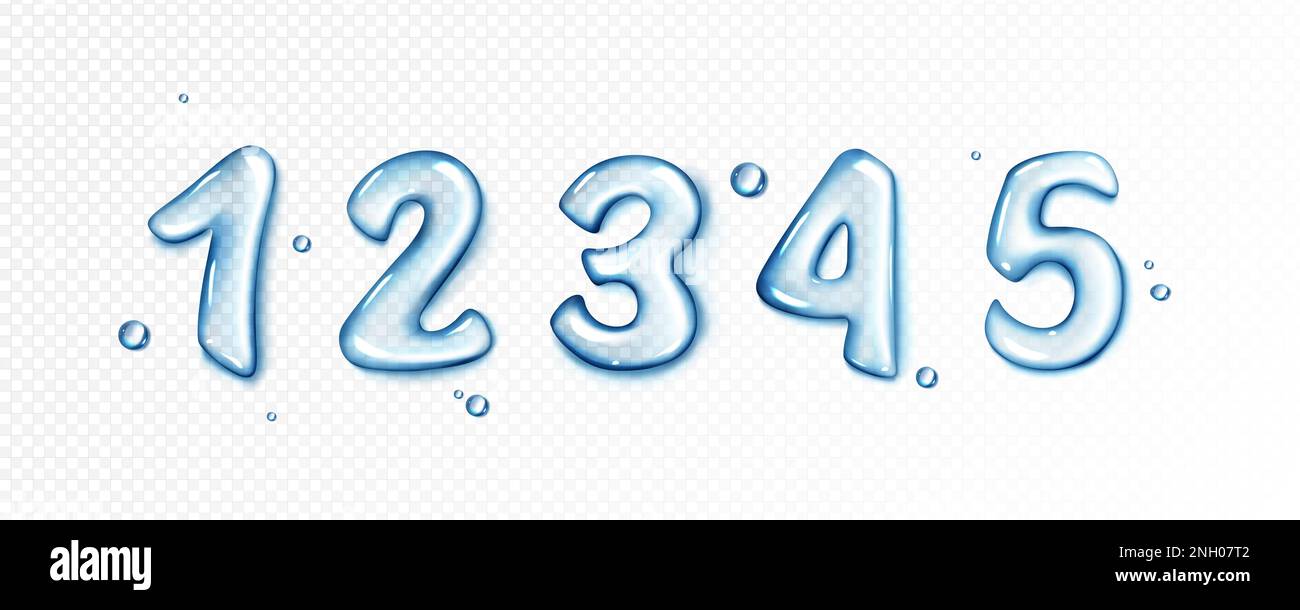 Water font, blue bubbles in numbers shape. Aqua or liquid gel numeral ...