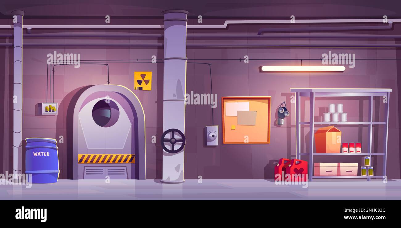 Underground bunker interior design. Vector cartoon illustration of shelter room with radiation hazard sign, gas mask on congrete wall, metal door, shelves with water, canned food and equipment stock Stock Vector