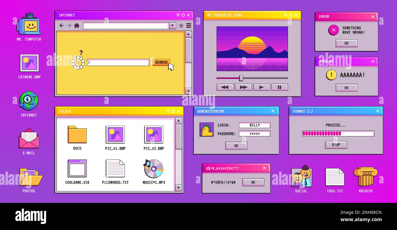 Retro y2k vaporwave window screen of 90s computer with psychedelic interface vector background. Search bar, browser and music player design for desktop with error and warning notification. Stock Vector