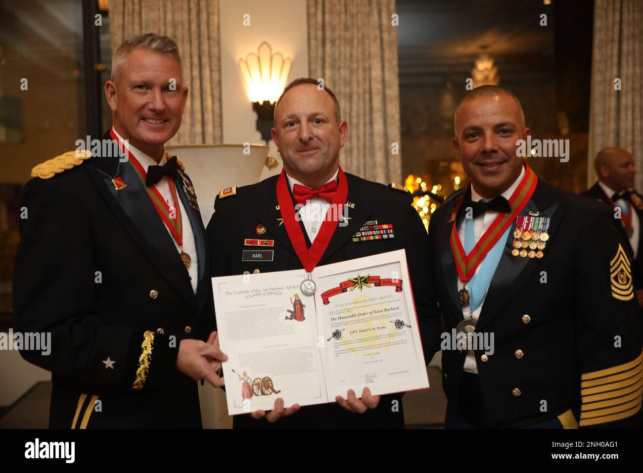 Capt. Joseph Karl, G3, 32d AAMDC, was inducted into the Honorable Order of Saint Barbara during the Saint Barbara's Social, December 3rd at the Plaza Hotel in El Paso, Texas Stock Photo