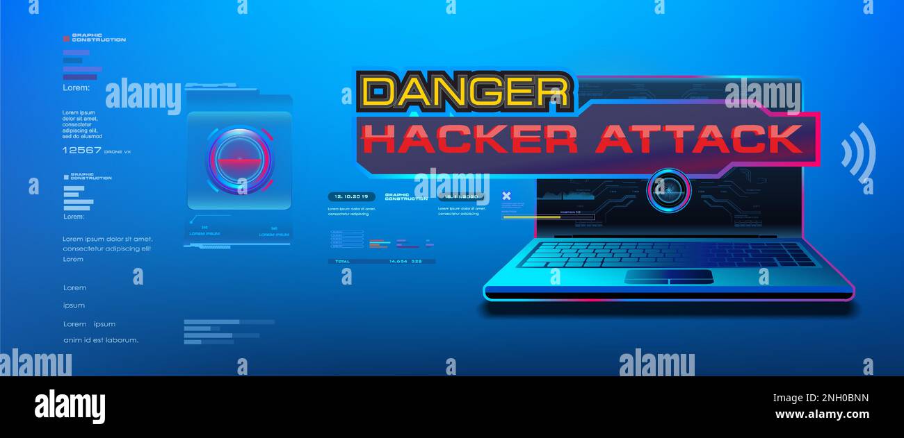 Attention! Attack. Danger for your computer. Laptop with hacking danger
