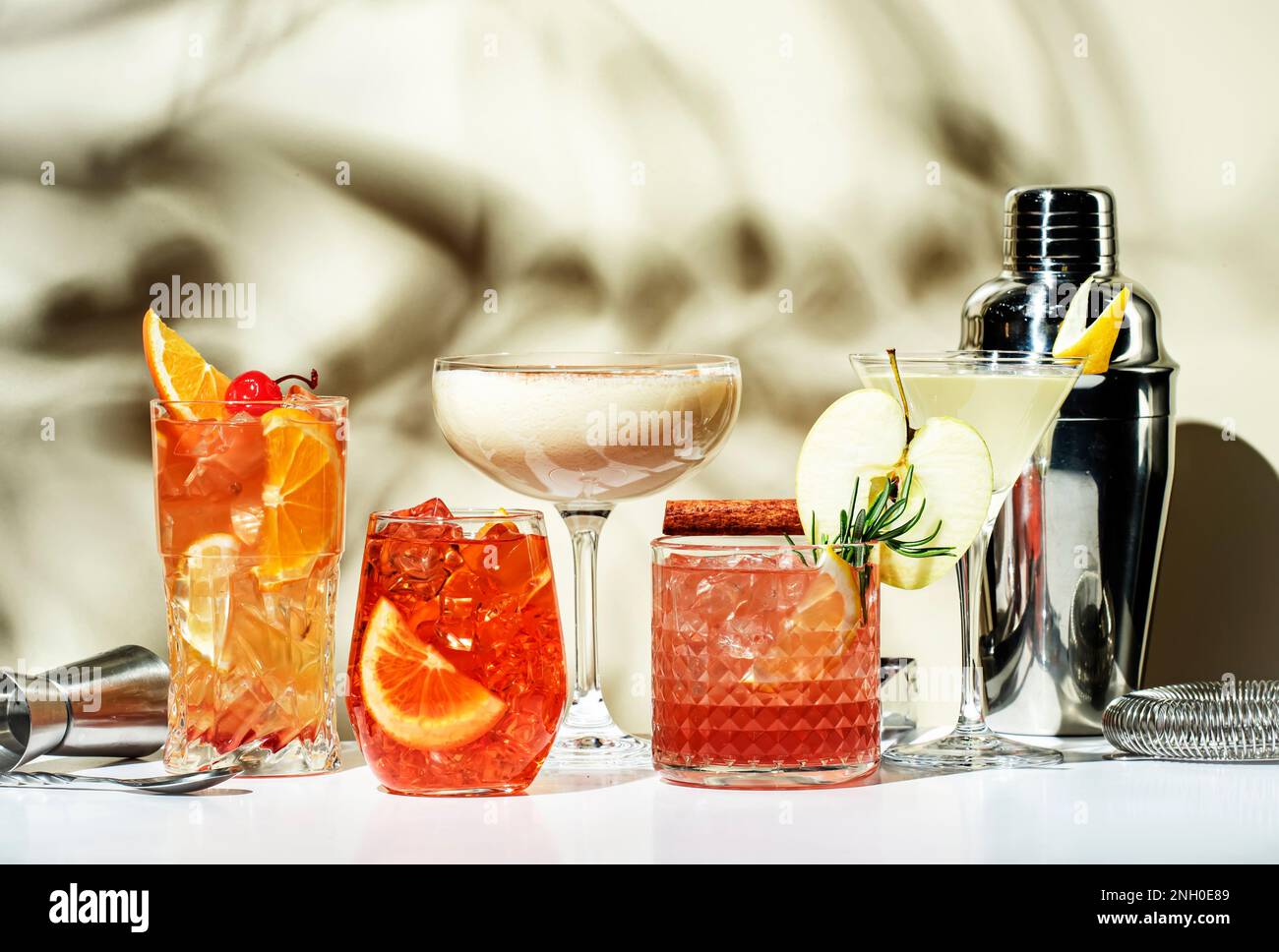 Cocktail party. Bright fruity and citrus alcoholic drinks with gin