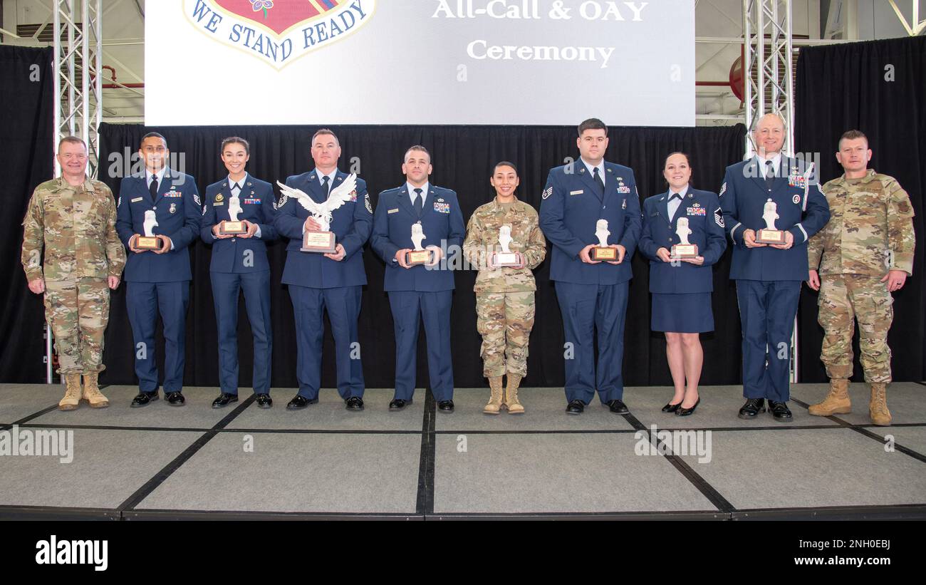 Brig. Gen. Rolf E. Mammen, 127th Wing Commander presents the Wing's '2022 Outstanding Airmen of the Year,' winners (from left): Staff Sgt. Brian Mitchell, non-commissioned officer of the year; Staff Sgt. Jenna Gleason, recruiter of the year; Sr. Master Sgt. Adam Dittenber, representing the 127th Maintenance Group's agile combat employment team, winners of the commander trophy; Capt. Charles DiCiuccio, company grade officer of the year; Staff Sgt. Marina Langenderfer on behalf of first sergeant of the year winner; Staff Sgt. Matthew Jarecki, airman of the year; Master Sgt. Holly LeCluyse, senio Stock Photo